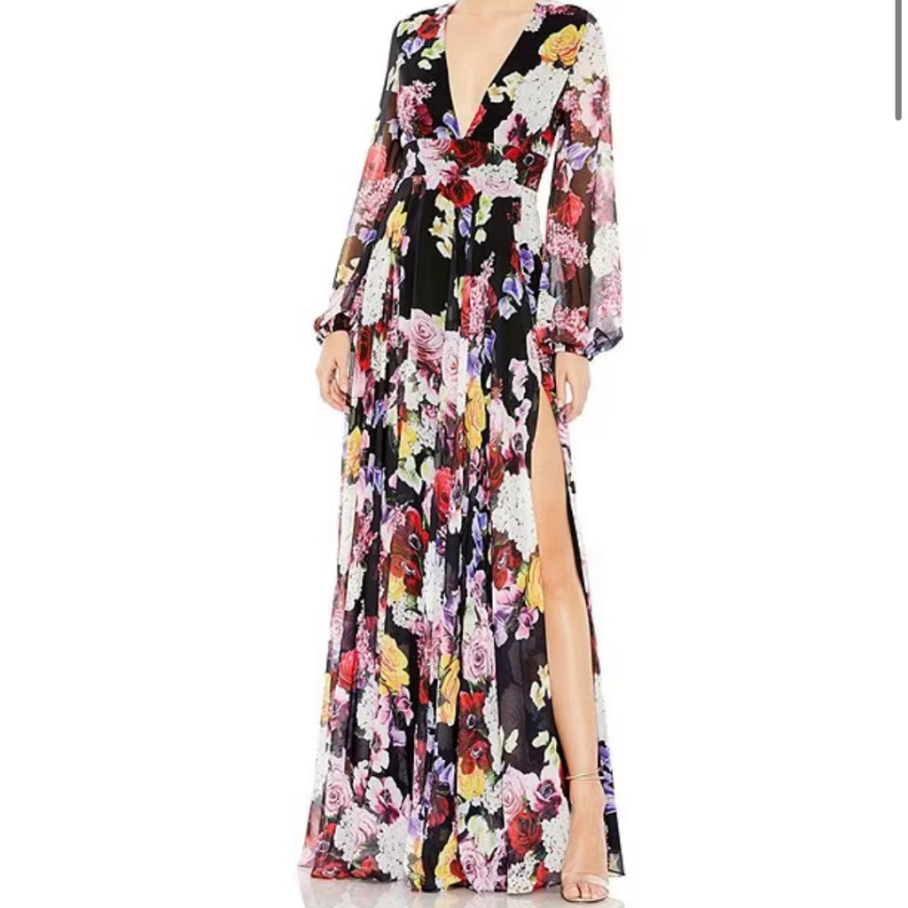 Euc Ieena Mc Duggal Floral Print Ilusion Long Sleeve Thigh High Slit V-Neck Gown